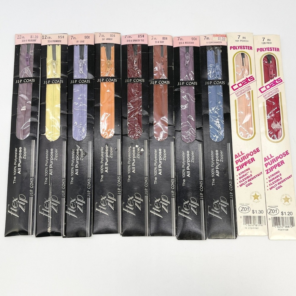 J&P Coats Zipper Lot 10pc Mixed 7-22in Multi Color Vintage Crafting Retro Tailor